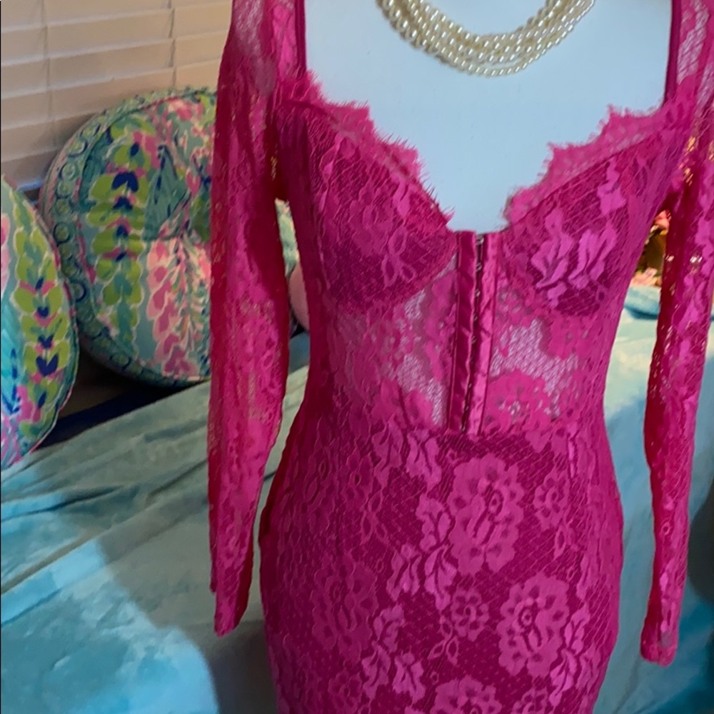 Bustier Lace Mini Dress | Large | Hook-Eye Corset, Magenta, Floral Lace - Picture 2 of 15